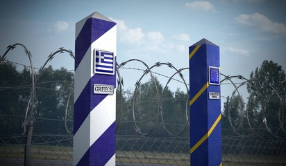 Border posts with flags of Greece and European Union - 3d illustration