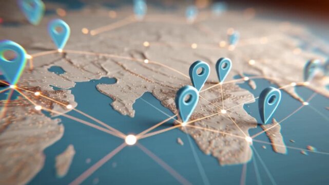 A cinematic close-up of a dynamic digital map with moving geo-tags marking locations, showcasing real-time tracking, navigation, geolocation data, and interactive mapping technology in motion