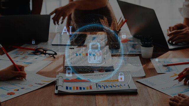 A dynamic business meeting focusing on data security measures and the implementation of artificial intelligence, featuring key reports and modern technology tools. Raster - Powered by Adobe