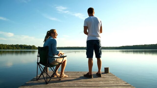 Fishing companions sharing tranquil moment on weathered dock with still lake waters angling equipment and contented expressions during perfect weather conditions.