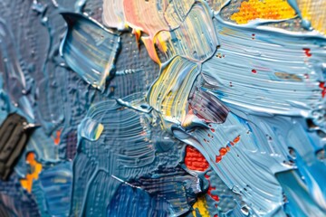 Photo of Many rough blue smears of acrylic oil paint on flat surface. Background texture for backdrops or mapping