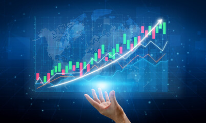 Hand Reaching Toward Financial Growth Chart with Global Map in Background for Business and Investment Concepts Impute.