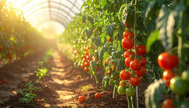 Golden Hour Glow on Ripe Tomatoes in a Commercial Greenhouse Farm - Abundant and Fresh Harvest