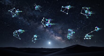 Digital Constellations Glitching Over a Starry Desert Nightscape with Full Moon