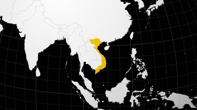 Vietnam map. Animated zoom into the country on the Globe in Black White color palette. Country logo animation. Map with meridians, parallels. Alive video.