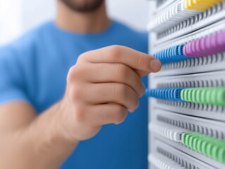 Male technician adjusting colorful connectors on a server rack, showcasing hands-on expertise in network management and technology maintenance in a modern workspace