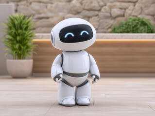 Friendly humanoid robot with a smiling face stands in a modern indoor space surrounded by greenery, showcasing advanced technology and design in a welcoming environment
