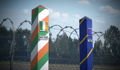 Border posts with flags of Ireland and European Union - 3d illustration