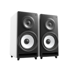 Fototapeta premium A black stereo speaker emits vibrant sound waves on a white background or transparent png , symbolizing music, energy, clarity, and powerful audio performance.