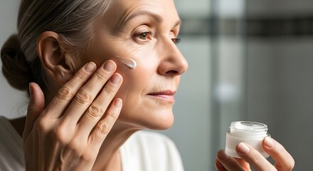 A senior woman applying moisturizer on her face. 