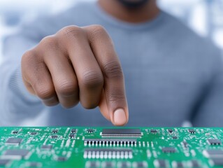 African American man using his finger to interact with a green circuit board, showcasing technology and innovation in electronics, emphasizing precision and skill in engineering