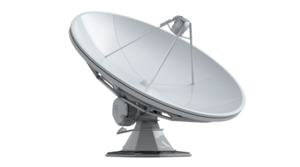 A modern satellite dish stands on a clean white background or transparent png, symbolizing communication, connectivity, technology, and the transmission of global signals.