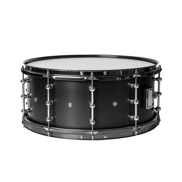 Black musical drum instrument isolated on white background or transparent png, percussion instrument for rhythm, performance, and music creation.