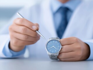 Male watchmaker with silver wristwatch is adjusting timepiece using precision tool, showcasing craftsmanship and attention to detail in a professional workshop environment