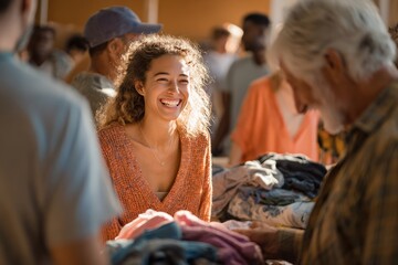 Smiling woman volunteer at a clothing drive, sharing a cheerful moment among a busy donation event, warm community vibes with friends and volunteers