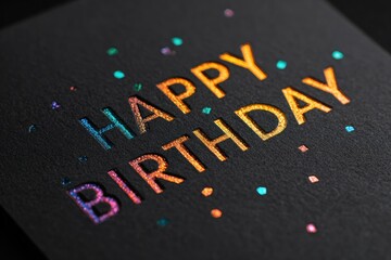 Fototapeta premium birthday card layout featuring holographic 'happy birthday' on dark textured card, festive confetti accents, modern greeting card concept for greeting cards, stationery, party decor