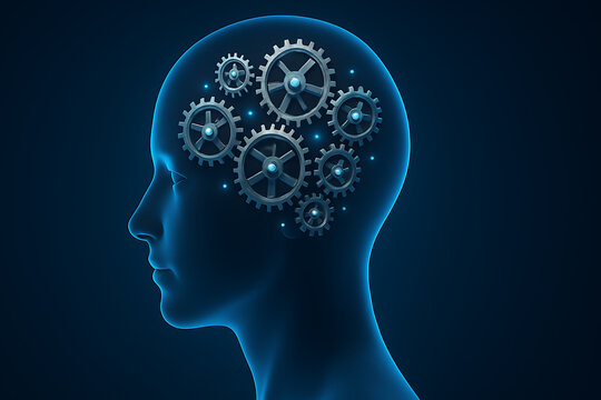 Blue digital silhouette of human profile with mechanical gears showing brain process intelligence and mental work