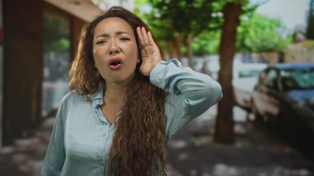 Woman holding hand to ear and squinting while trying to hear traffic on a city street with parked cars; frustration listening.