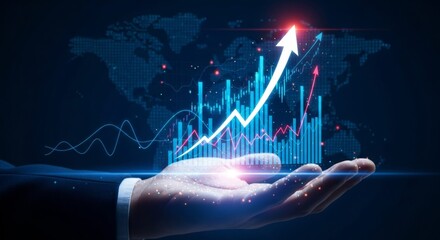 Hand holding rising graph arrows on abstract world map background representing global business growth