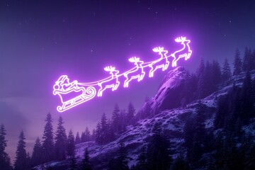 Glowing santa claus and reindeer sleigh in starry purple night sky