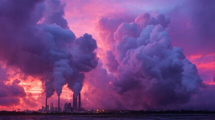 Dramatic industrial skyline with pink and purple sunset clouds