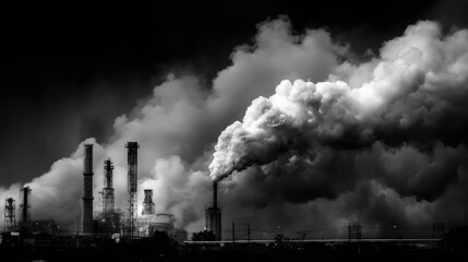 Industrial factory emissions under dark sky with dense smoke