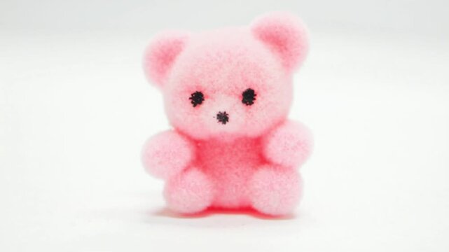 A cute pink miniature bear waves its left hand against a clean white background, capturing a playful and cheerful gesture in a minimalist, pastel-toned composition full of charm and simplicity