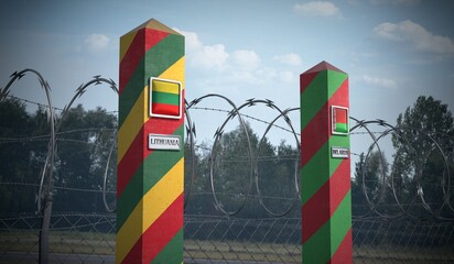 Border posts with flags of Lithuania and Belarus - 3d illustration