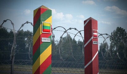 Border posts with flags of Lithuania and Latvia - 3d illustration