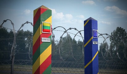 Border posts with flags of Lithuania and European Union - 3d illustration