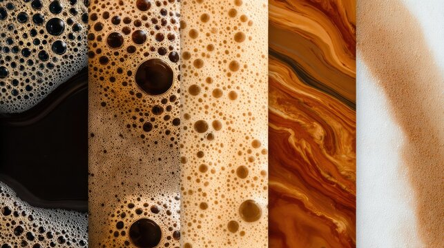 Coffee Foam Palette Display Inspired by Caffeine Flavors in a Multi-Panel Art Composition for Cafe Branding and Design Concepts, Showcasing Crema, Caramel Swirls, and Latte Tones
