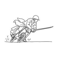 Man in historical attire riding a bicycle with a sword.