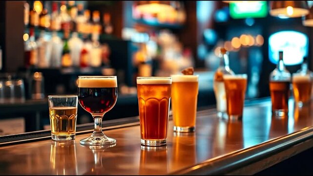 Lively bar atmosphere with a variety of drinks in glasses and bottles, illuminated by soft lighting and reflected surfaces. 4k videos