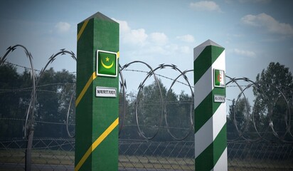 Border posts with flags of Mauritania and Algeria - 3d illustration