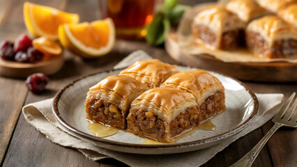 Albanian cuisine - Baklava is a dessert made from thin dough soaked in honey and stuffed with dried fruits.