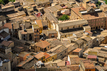 Caltavuturo, a historic Sicilian mountain town in the Madonie Mountains, featuring its medieval castle, charming narrow streets, and traditional stone houses, Sicily, Italy. Italian town in hills
