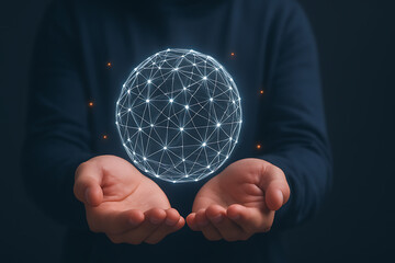 Futuristic technology concept with hands holding holographic sphere showing digital network connections and innovation