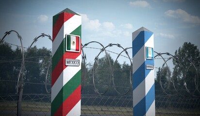 Border posts with flags of Mexico and Guatemala - 3d illustration