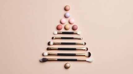 Naklejka premium minimalist christmas tree made from makeup brushes and colorful balls, flat lay beauty decor on beige background, with ample copyspace for text, suitable for cosmetics, fashion
