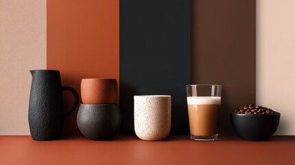 color block still life with ceramic mugs, glass of coffee, and coffee beans on warm terracotta and cream backdrop for modern decor and cafe branding