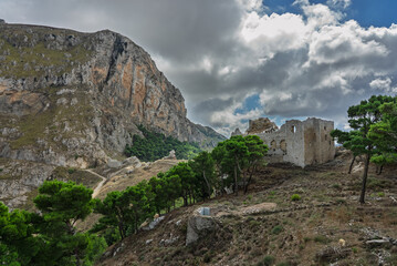Caltavuturo, a historic Sicilian mountain town in the Madonie Mountains, featuring its medieval castle, charming narrow streets, and traditional stone houses, Sicily, Italy. Italian town in hills