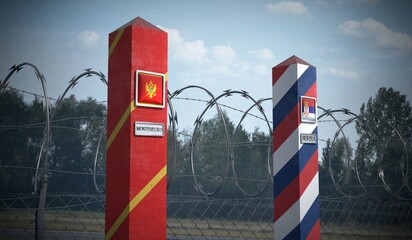 Border posts with flags of Montenegro and Serbia - 3d illustration