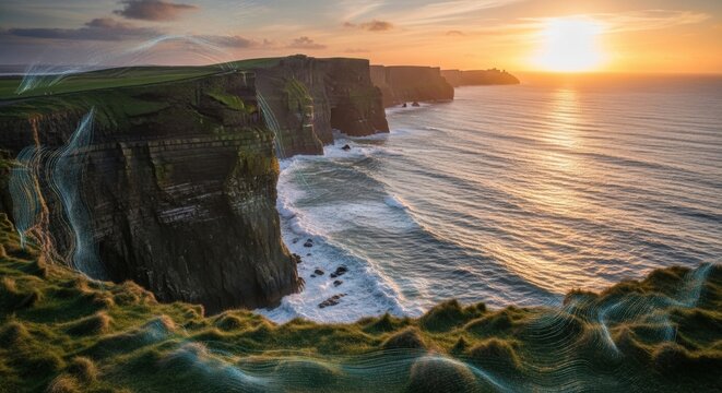 Dramatic Cliffs of Moher at Sunset, Ireland, with Artistic Line Overlay