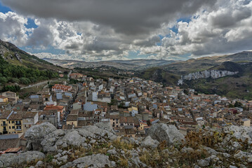 Caltavuturo, a historic Sicilian mountain town in the Madonie Mountains, featuring its medieval...