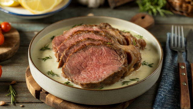 Albanian cuisine - Rostomi salce kosi - roast beef in sour-milk sauce.