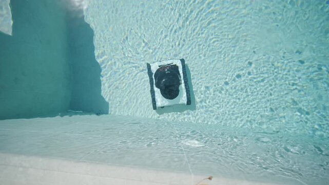 Robotic pool cleaner moving along the edge of a clear blue swimming pool