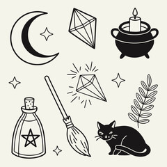 clean line icons crescent moon crystal and candle clipart set.svg