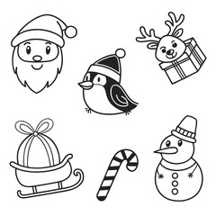 Cute Doodle Icons – Santa Face, Reindeer, and Elf Clipart Set.svg