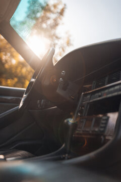 Close-up view of the panel and interior of a 1990s car
