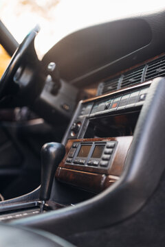 Close-up view of the panel and interior of a 1990s car